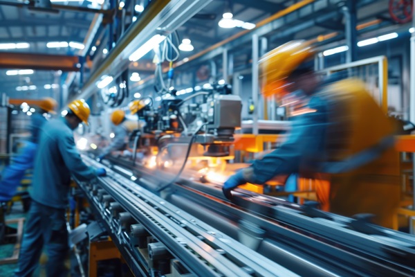 Factory workers wearing safety helmets and uniforms operating machinery and working along an assembly line in a manufacturing facility. (933365513)