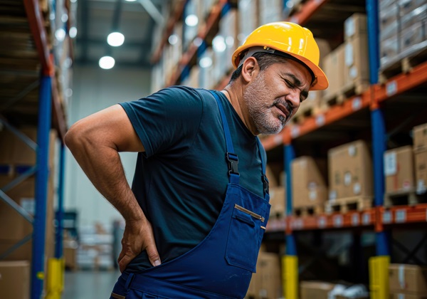 A male warehouse worker in a yellow hard hat and blue overalls clutches his lower back, grimacing in pain from a workplace injury. (1563695656)