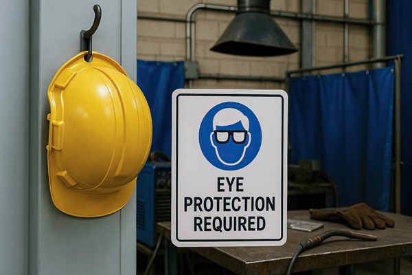 A yellow hard hat hanging on a wall next to a sign that reads, "EYE PROTECTION REQUIRED," in an industrial workshop setting. (1615479653)